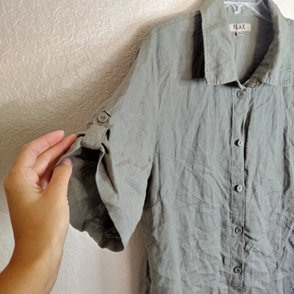 FLAX lagenlook button down shirt dress pockets sz L - Picture 4 of 10